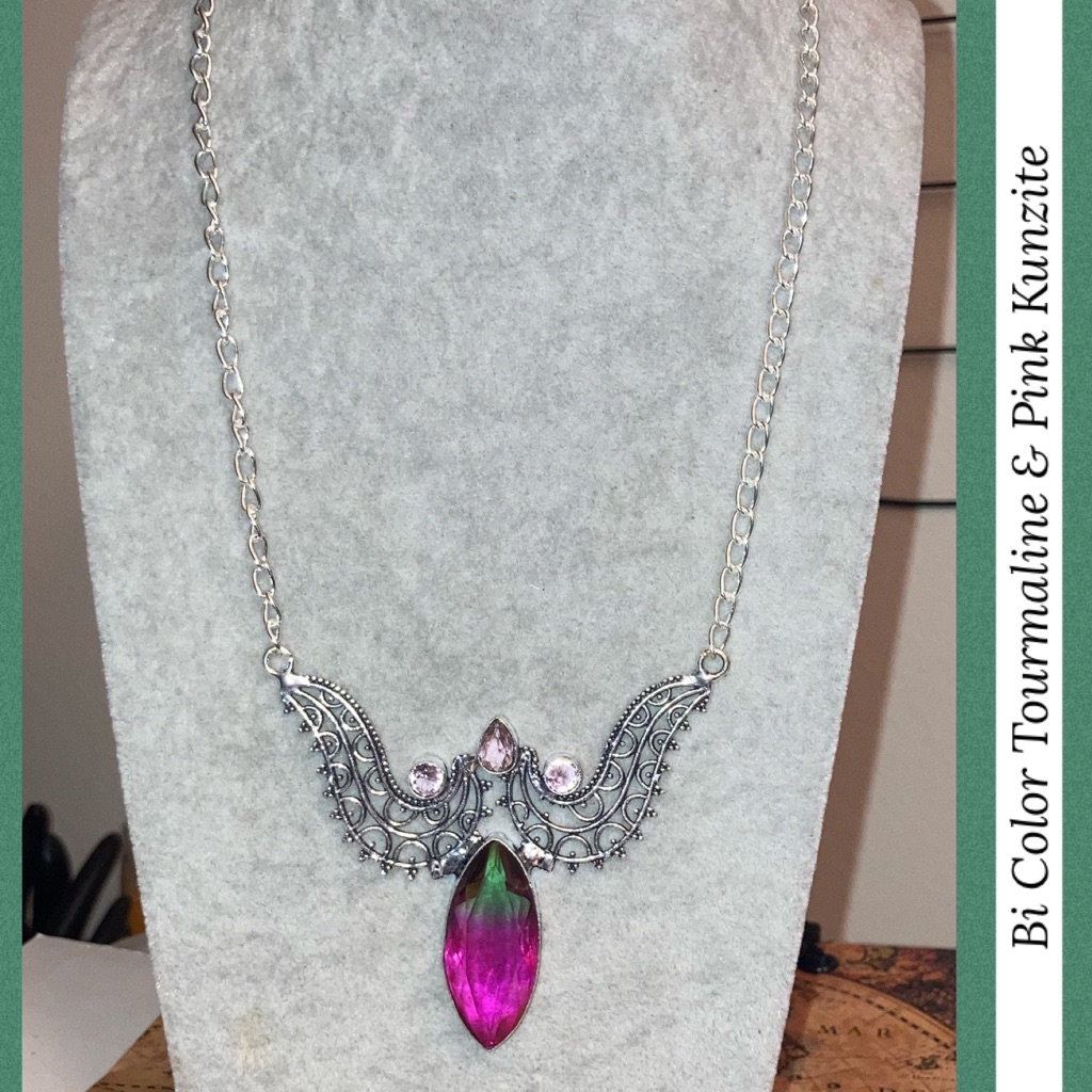 Elegant Bi Color Tourmaline & Pink Kunzite Handmade Bib Statement Necklace